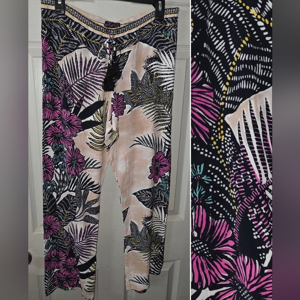 Hale Bob Tropical Print Tassel Drawstring Cropped Resortwear Casual Pants L